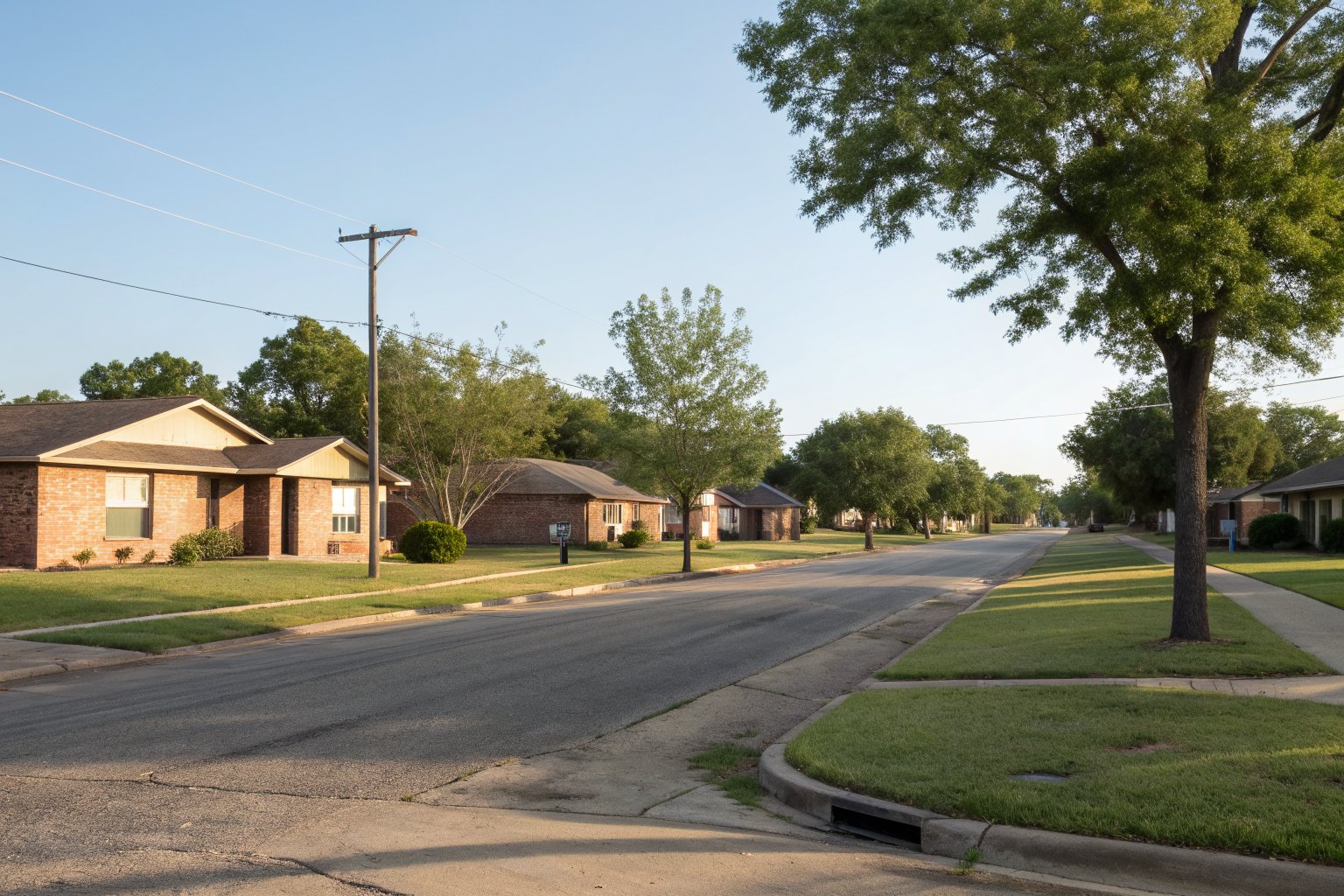 Quiet street of one-story brick duplexes and small brick houses with young trees on green lawns