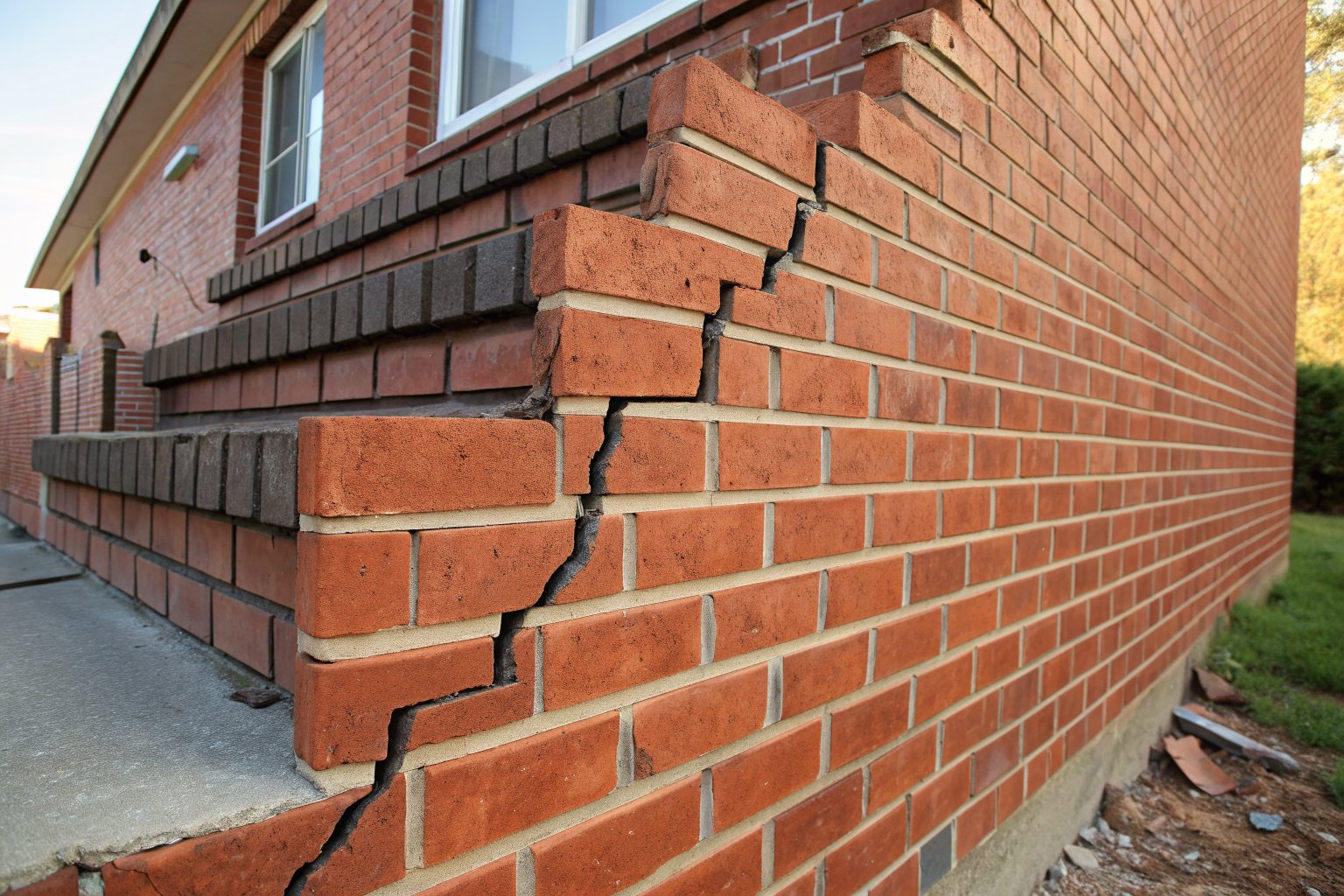 Stepped crack running diagonally across a red brick wall below a window