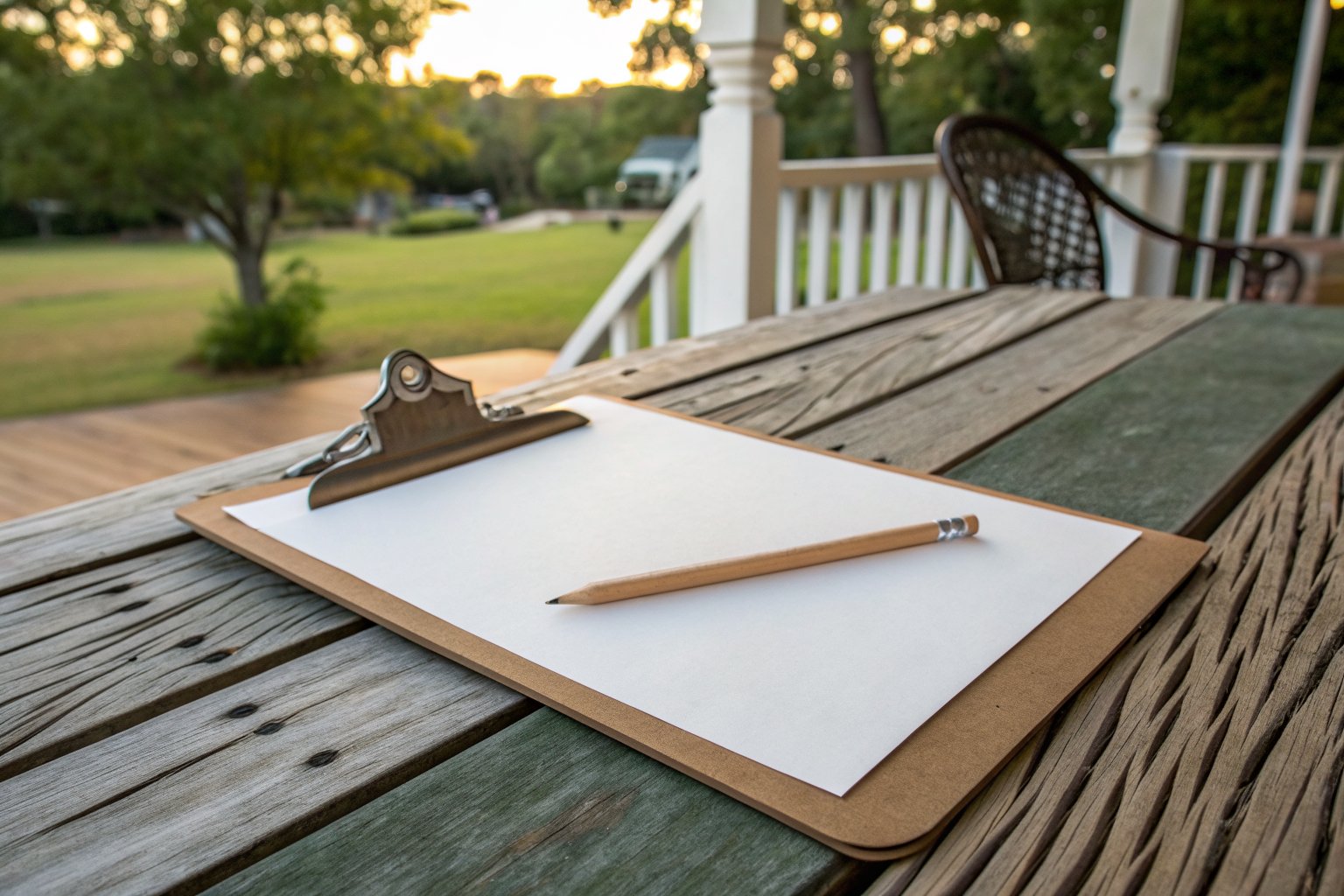 Clipboard with a blank sheet of paper and a pencil on a weathered wooden porch table