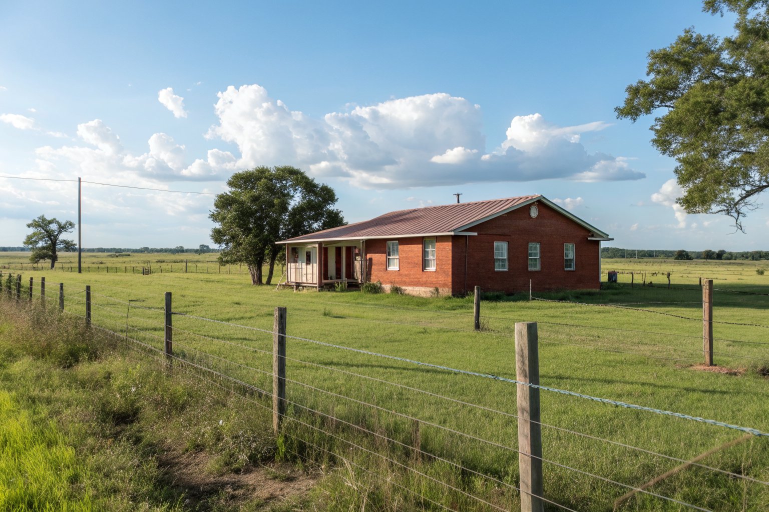 Older one-story red brick house with a metal roof beside a fenced green pasture and scattered oaks