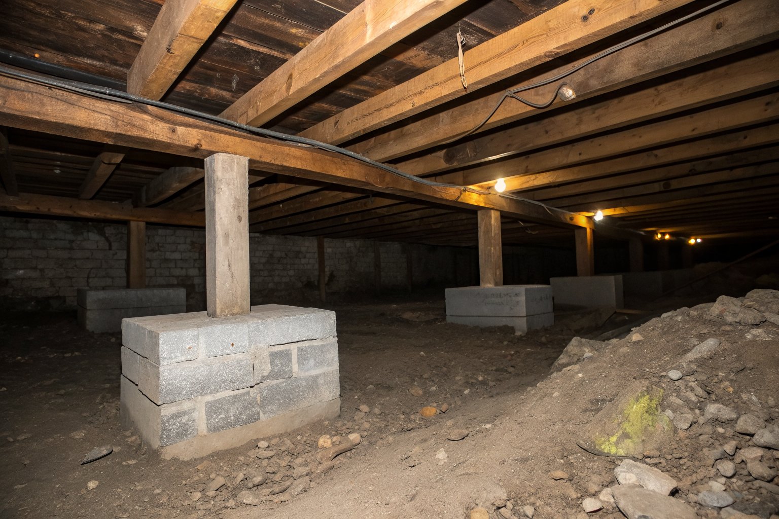 Gray concrete block piers and wood posts holding up a timber beam and floor joists in a dark crawl space