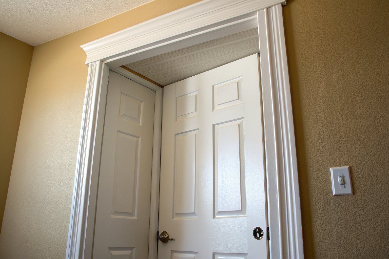 White six-panel door tilted in its frame, leaving a tapered gap under the head of the frame
