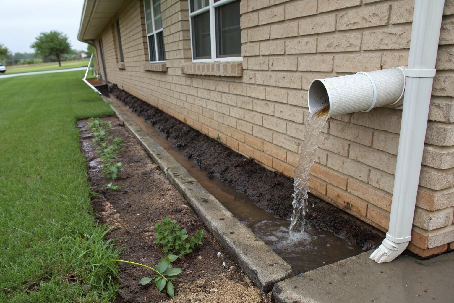 White downspout pouring rainwater into a strip of dark clay soil along the slab of a tan brick house