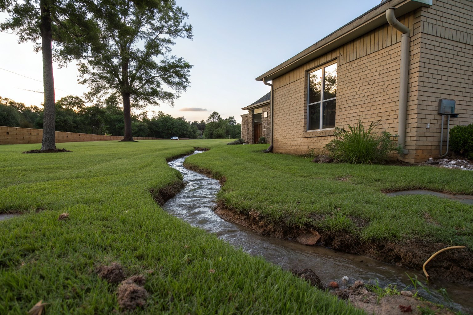 Shallow grassy swale carrying a thin stream of rainwater across a back yard away from a tan brick house