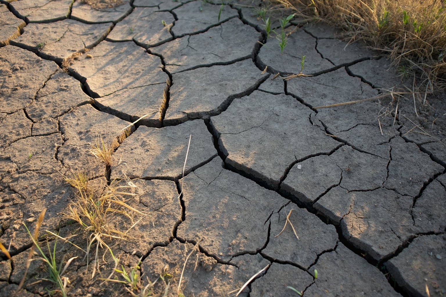 Dry dark gray clay soil split into a web of wide, deep cracks
