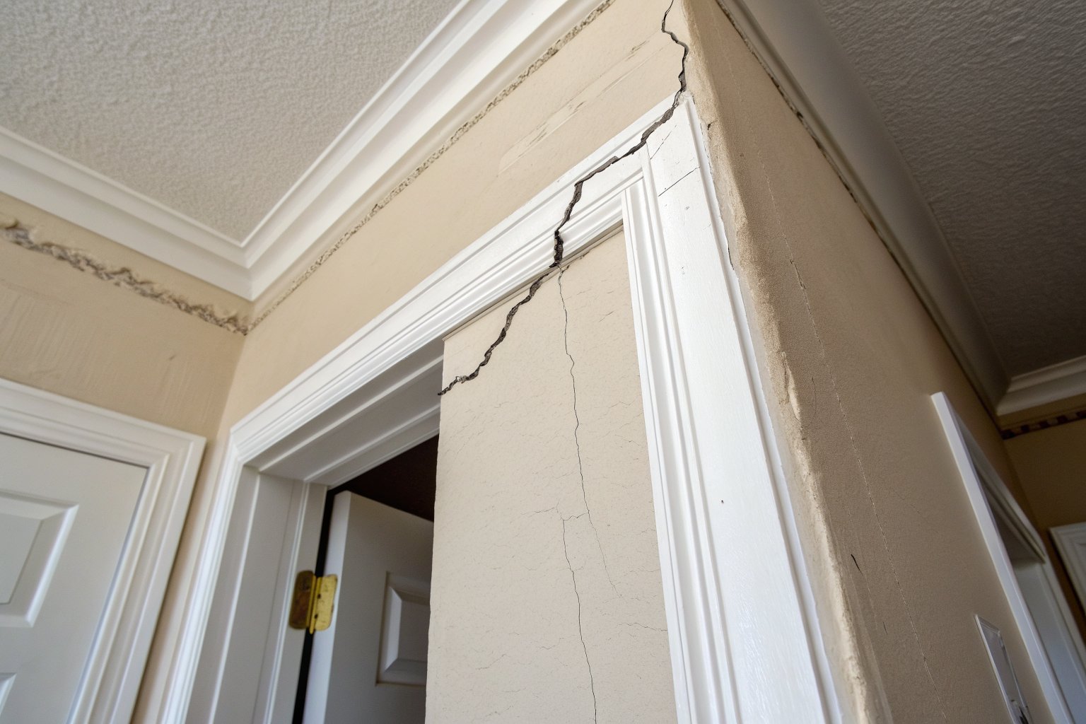 Jagged crack running from the top corner of a door casing up a pale painted wall to the crown molding