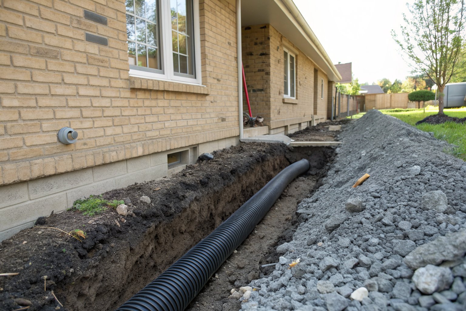 Narrow trench beside a tan brick house with black perforated drain pipe on gravel in dark clay