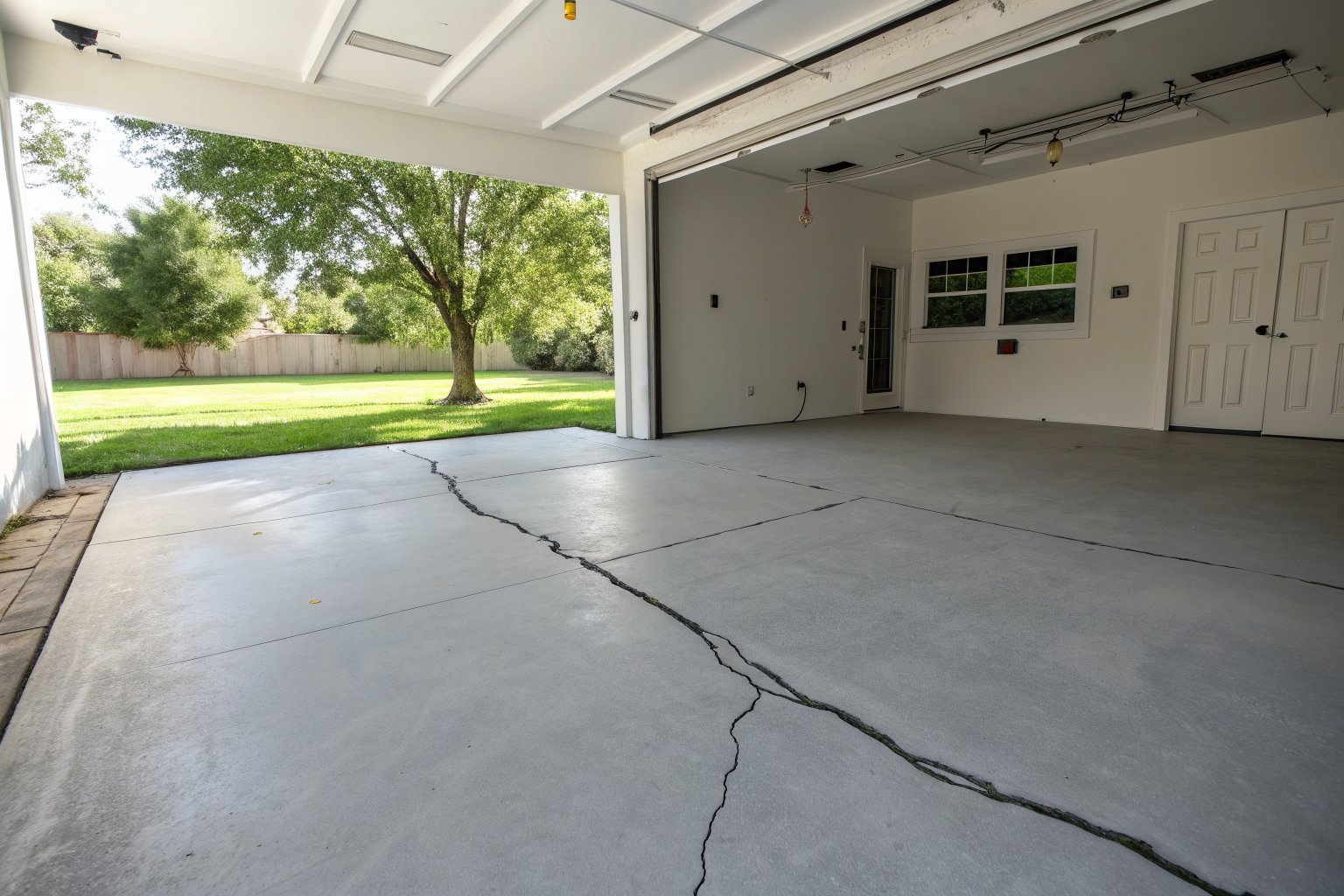 Long jagged crack across a bare concrete garage floor, with the garage door open to a sunny driveway