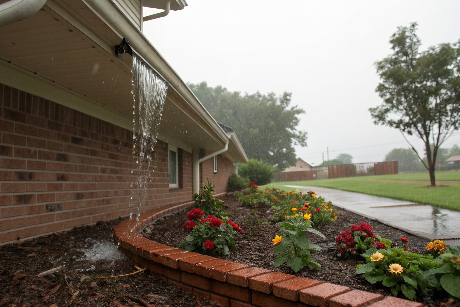 Rainwater spilling over a gutter onto a brick-edged flower bed against a red brick wall