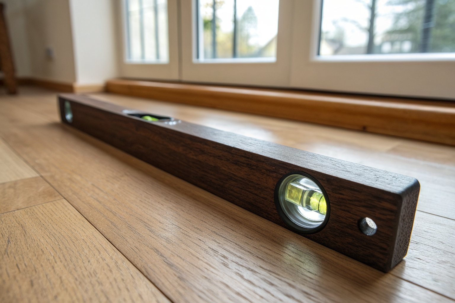 Dark wooden spirit level with a bubble vial lying on a light laminate floor