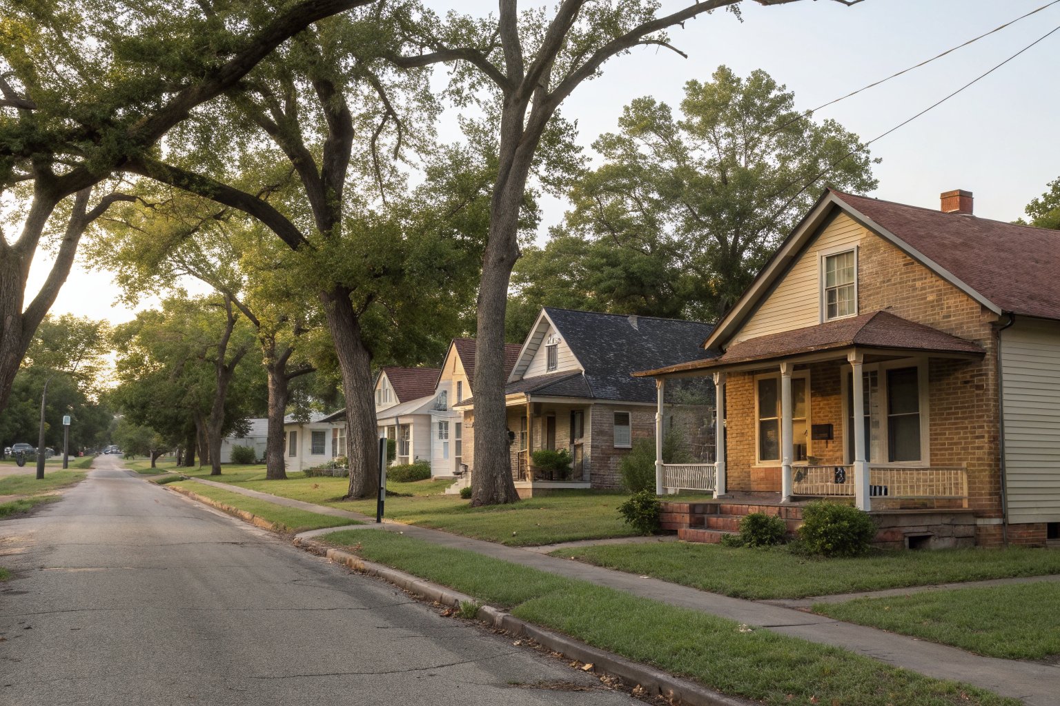Row of older brick and painted wood homes along a quiet street shaded by large trees