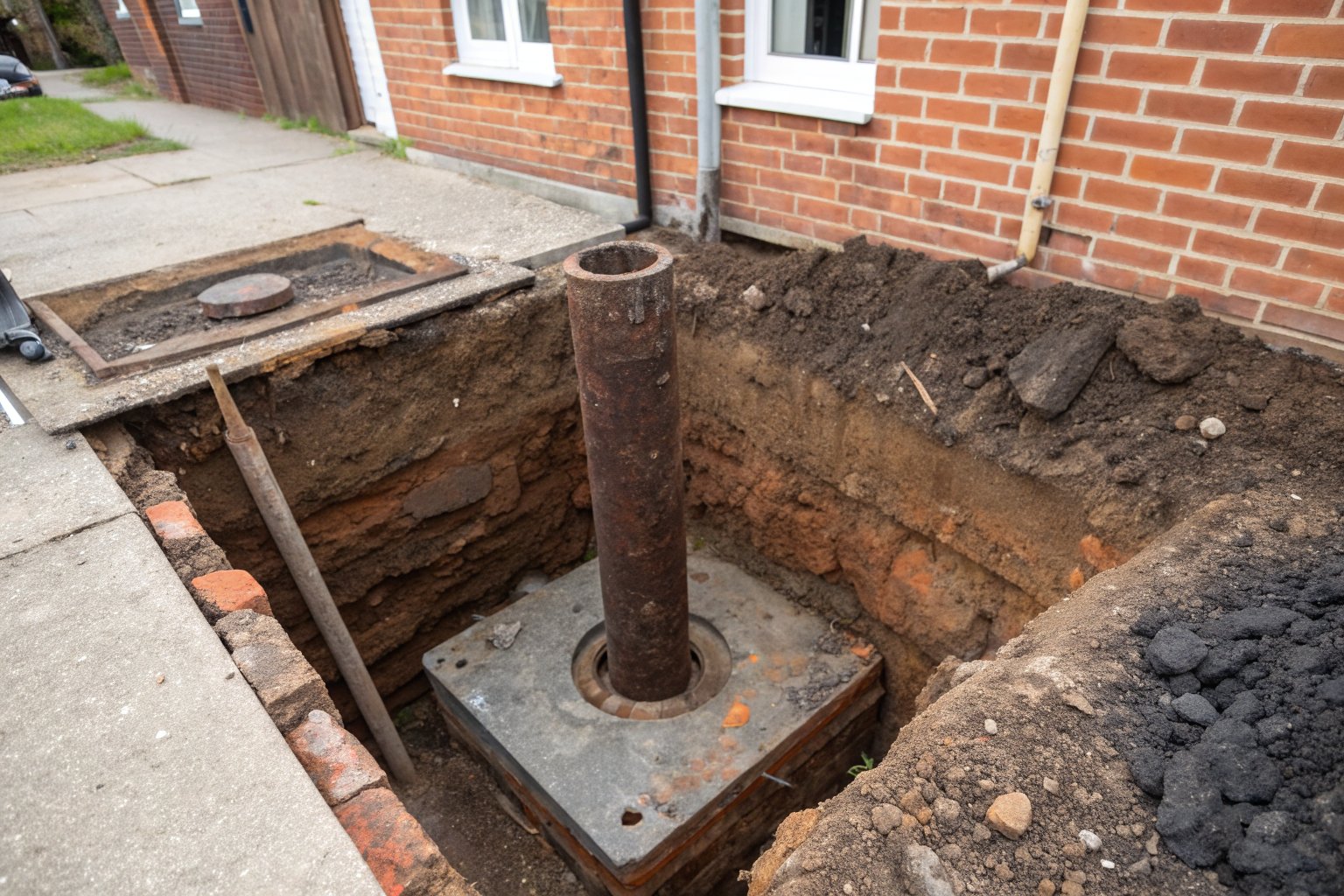 Rusty steel pier pipe on a base plate in a pit dug beside a brick house, with dark clay heaped at the edge