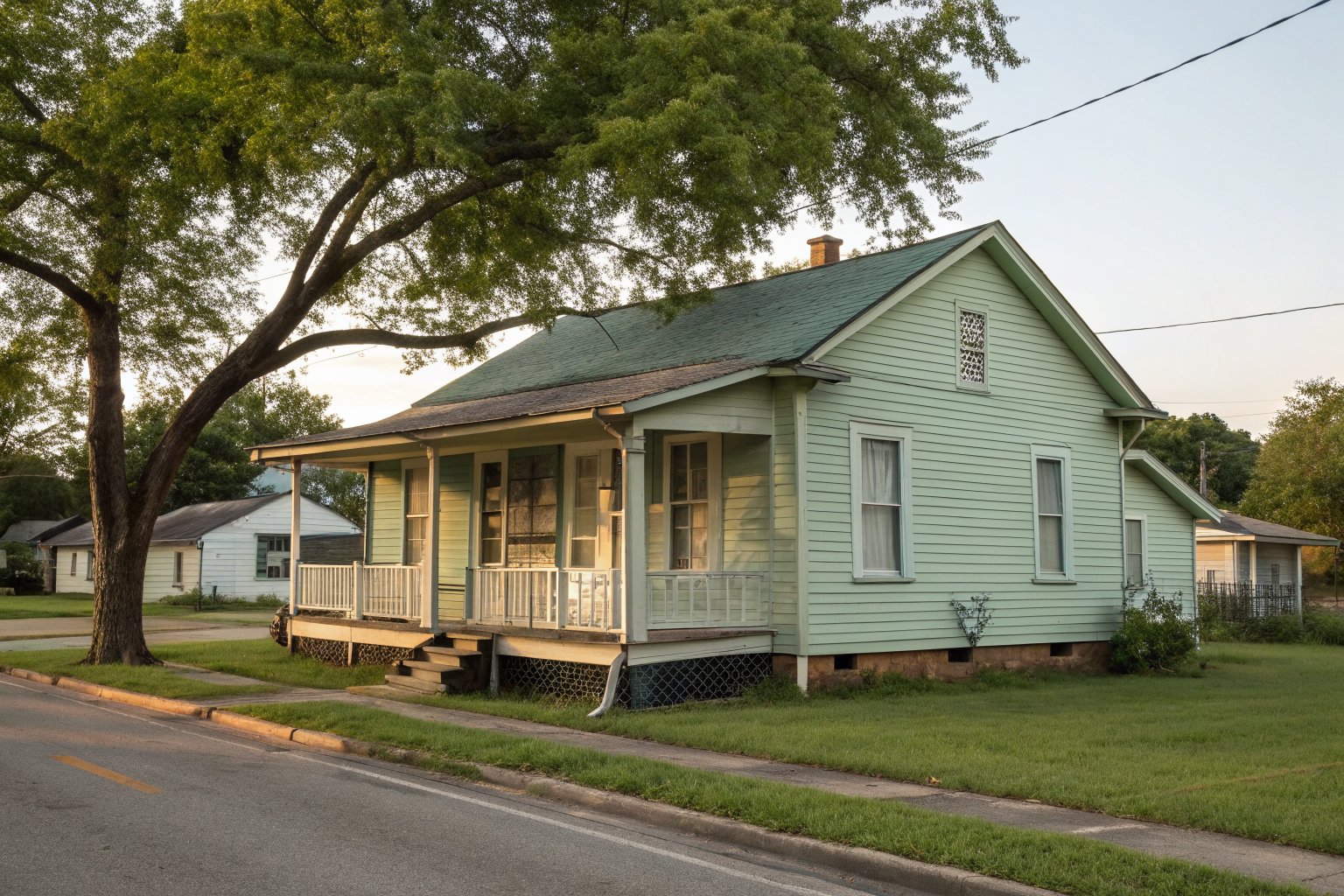 Small older one-story house with pale green lap siding, raised on piers with lattice skirting, and a front porch