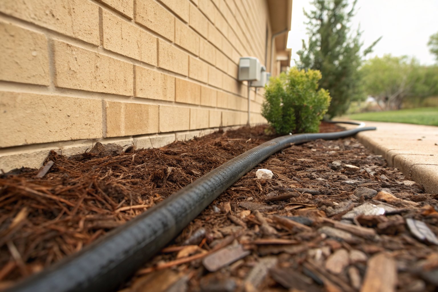 Dark soaker hose laid in wood mulch along the base of a tan brick house
