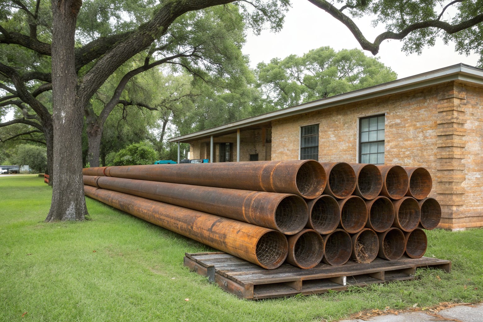 Stack of rusty steel pipes on a wooden pallet on a lawn beside a brick ranch house