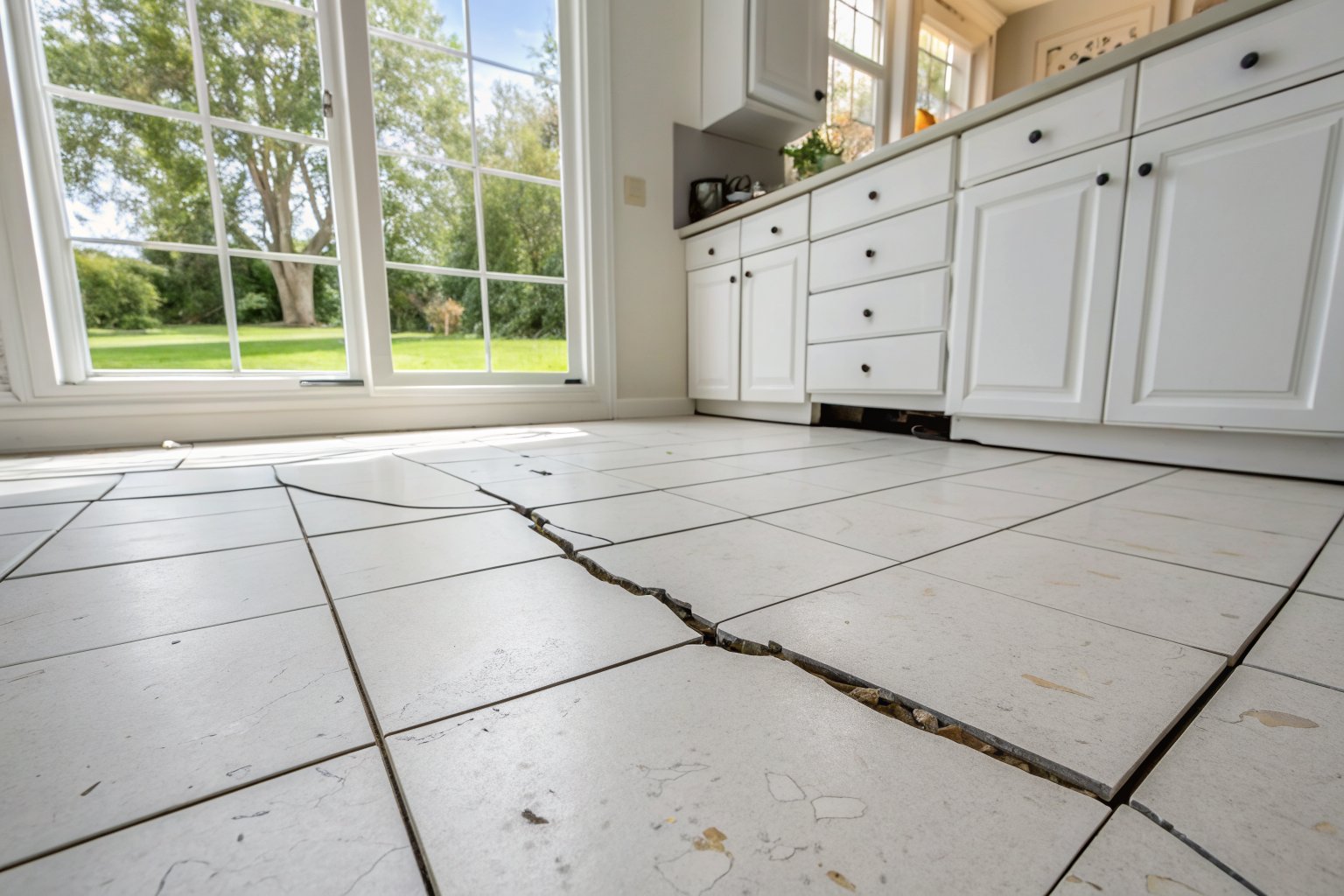 Crack running in a line across several white ceramic floor tiles in a bright kitchen