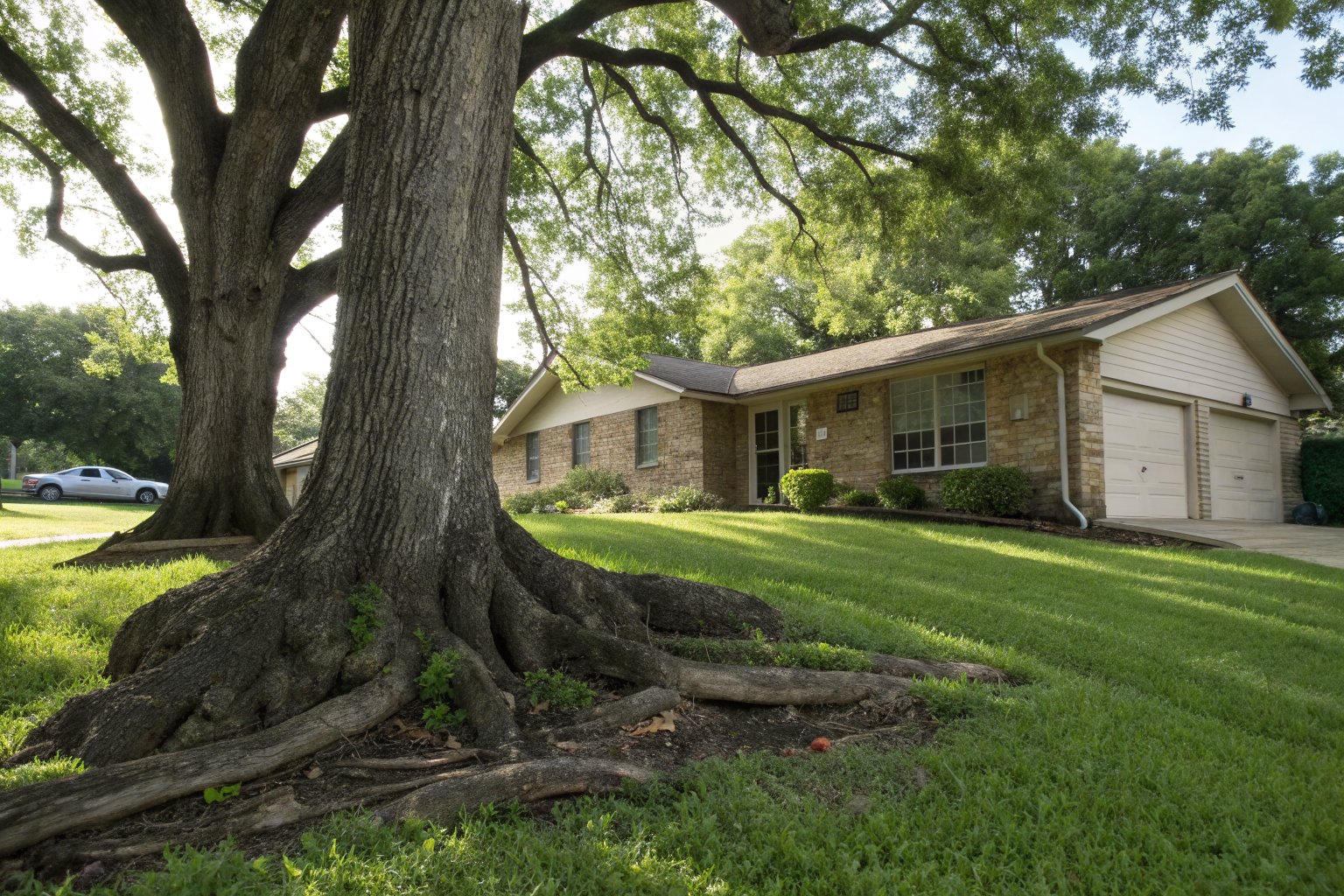 Thick surface roots of a large shade tree spreading across a lawn toward a one-story tan brick house