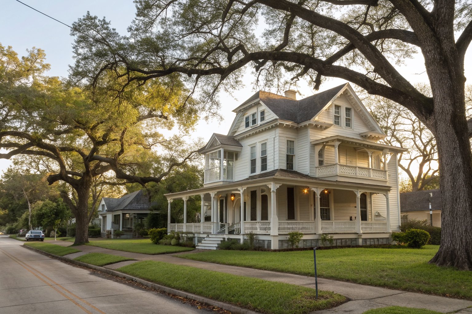 White two-story Victorian house with a wraparound front porch under broad live oak limbs