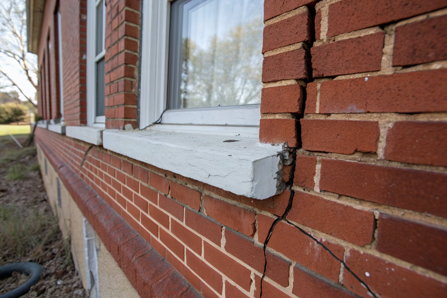 Jagged crack running down from the corner of a white window through a red brick wall